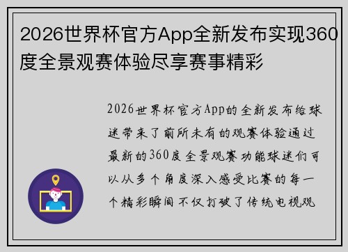2026世界杯官方App全新发布实现360度全景观赛体验尽享赛事精彩
