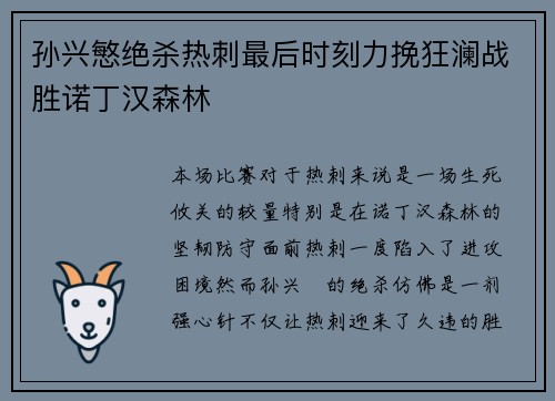 孙兴慜绝杀热刺最后时刻力挽狂澜战胜诺丁汉森林